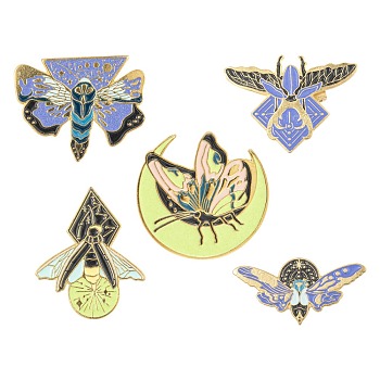 5Pcs 5 Style Creative Zinc Alloy Enamel Brooches, Enamel Pin, with Iron Clutches, Insect & Butterfly, Golden, Mixed Color, 15~28x25~30mm, Pin: 1mm, 1pc/style