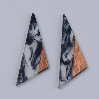 Resin & Walnut Wood Pendants, Two Tone, Triangle, Black, 66x20.5x2~3mm, Hole: 1.5mm