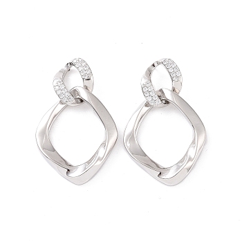 Clear Cubic Zirconia Double Twist Rhombus Dangle Stud Earrings, Brass Jewelry for Women, Platinum, 32mm, Pin: 0.7mm