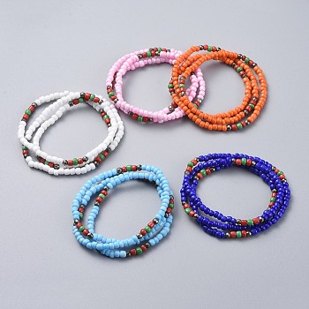 Three Loops Stretch Wrap Bracelets, with Glass Seed Beads and Natural Pyrite Beads, Mixed Color, 21.3 inch(54cm)