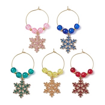 Snowflake Alloy Enamel Pendants Wine Glass Charms Sets, with Brass Hoop Earrings Findings and Glass Beads, Mixed Color, 54.5mm