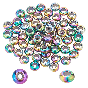 Elite 60Pcs Ion Plating(IP) 201 Stainless Steel Beads, with Rubber Inside, Slider Beads, Stopper Beads, Rondelle, Rainbow Color, 8x4mm, Hole: 4mm, Rubber Hole: 2mm