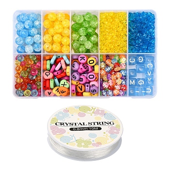 Transparent & Opaque Acrylic Beads, Horizontal Hole, Mixed Letters, with Elastic Crystal Thread, Stretchy String Bead Cord, for Beaded Jewelry Making, Mixed Color, 1108pcs/box