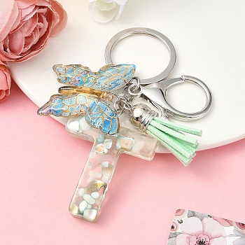 Resin & Acrylic & Faux Suede Tassel Keychain, with Alloy Clasp and Iron Rings, Letter T, 0.9cm
