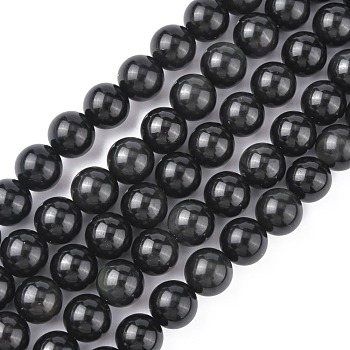 Natural Obsidian Beads Strands, Round, Grade AA, Black And Colorful, 14mm