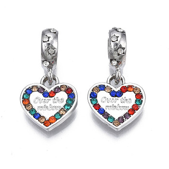 Rack Plating Alloy European Dangle Charms, with Rhinestone, Large Hole Pendants, Cadmium Free & Nickel Free & Lead Free, Platinum, Heart with Word Over the Rainbow, Colorful, 24mm, Hole: 5mm, Heart: 13.5x12.5x2mm
