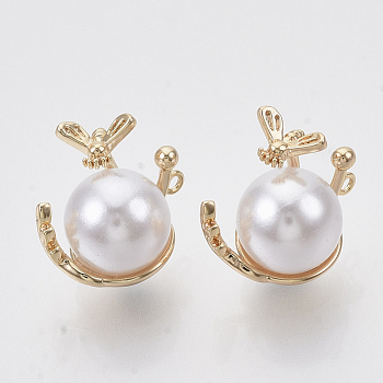 Brass Charms, Nickel Free, with ABS Plastic Imitation Pearl, Real 18K Gold Plated, 11.5x13.5x8mm, Hole: 0.9mm