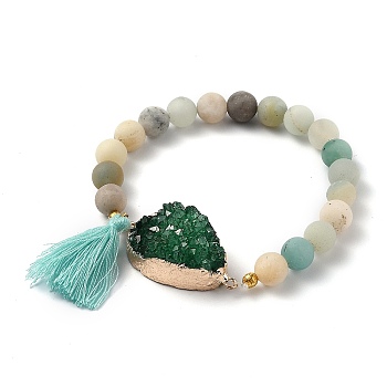 Round Natural Flower Amazonite Stretch Charm Bracelets, with Druzy Trimmed Stone, Polyester Tassel and Brass Findings, Golden, Inner Diameter: 2-1/4 inch(5.7cm)