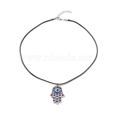 Aquamarine Rhinestone Hamsa Hand with Resin Evil Eye Pendant Necklace for Women(NJEW-JN03956-02)-4