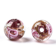 Luminous Handmade Gold Sand Lampwork Beads, Glow in the Dark, Round with Flower, Pale Violet Red, 12x11.5mm, Hole: 1.5mm(LAMP-T021-03N)