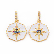 Brass Micro Pave Colorful Cubic Zirconia Pendants, with Enamel, Nickel Free, Real 18K Gold Plated, Octagon, White, 19x17x2mm, Hole: 7x3.5mm(KK-S354-329-NF)
