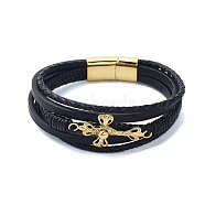 Men's Black PU Leather Cord Multi-Strand Bracelets, Cross 304 Stainless Steel Link Bracelets with Magnetic Clasps, Golden, 8-5/8x7/8 inch(21.8x2.2cm)(BJEW-K243-44G)