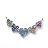 Brass Micro Pave Cubic Zirconia Pendants, Heart, Colorful, Platinum, 5.5~8x31x2mm, Hole: 1.6mm(ZIRC-G157-13P)