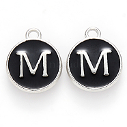 Platinum Plated Alloy Charms, Cadmium Free & Lead Free, with Enamel, Enamelled Sequins, Flat Round with Letter, Letter.M, 14x12x2mm, Hole: 1.5mm(ENAM-S118-02M-P)