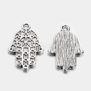 Hamsa Hand/Hand of Fatima/Hand of Miriam Alloy Pendants, Tibetan Style, Cadmium Free & Lead Free, Antique Silver, 25x16x1.5mm, Hole: 2mm, about 546pcs/1000g(TIBEP-4969-AS-RS)
