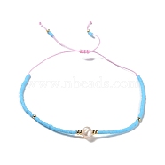 Glass Imitation Pearl & Seed Braided Bead Bracelets, Adjustable Bracelet, Sky Blue, 11 inch(28cm)(WO2637-22)