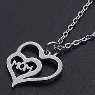 Mother's Day Gifts, 201 Stainless Steel Pendant Necklaces, with Cable Chains and Lobster Claw Clasps, Double Heart with Word Mom, Stainless Steel Color, 15.74 inch(40cm), 1.5mm(NJEW-S105-JN567-40-1)