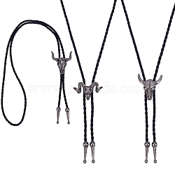 3Pcs 3 Styles Alloy Goat Cattle Bolo Tie Necklaces, Black PU Leather Cord Lariat Necklaces for Women, Antique Silver, 39.37 inch(100cm), 1pc/style(NJEW-GA0001-10)