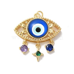 Evil Eye Rack Plating Brass Cubic Zirconia Pendants, with Glass, Lead Free & Cadmium Free, Long-Lasting Plated, with Jump Ring, Blue, 34x29x7mm, Hole: 3.5mm(KK-G504-20G-01)