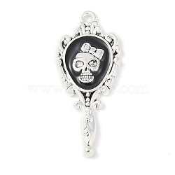 Halloween Rack Plating Alloy Enamel Pendants, Cadmium Free & Nickel Free & Lead Free, Mirror with Skull Charm, Antique Silver, 35.5x15x3mm, Hole: 1.6mm(PALLOY-F018-26AS-01)