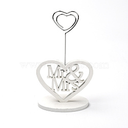 Iron Name Card Holder, Wooden Chassis with Iron Swirl Wire Clip, for Desktop, Party Decoration, Heart with Word Mr & Mrs, White, 84x43x150mm(DJEW-WH0033-71)