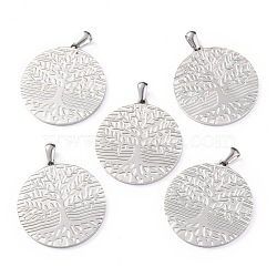 Flat Round with Tree of Life 304 Stainless Steel Pendants, Stainless Steel Color, 32x30x1.5mm, Hole: 4.5x6mm(X-STAS-F016-02P)