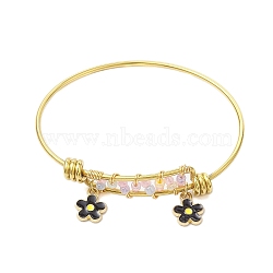 Glass Seed Beads & Stainless Steel Bangles with Black Flower for Women, Golden, Inner Diameter: 2-1/8x2-1/2 inch(5.5x6.4cm)(BJEW-JB10411)