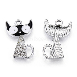 Eco-Friendly Zinc Alloy Pendants, with Enamel and Crystal Rhinestone, Cadmium Free & Nickel Free & Lead Free, Cat, Platinum, Black, 21~22x13x2.5mm, Hole: 1.8mm(X-FIND-N048-40A-NR)