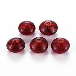 Transparent Handmade Blown Glass Globe Beads, Stripe Pattern, Flat Round, FireBrick, 15.5~17.5x10~12mm, Hole: 1~2mm(X-GLAA-T012-19A)