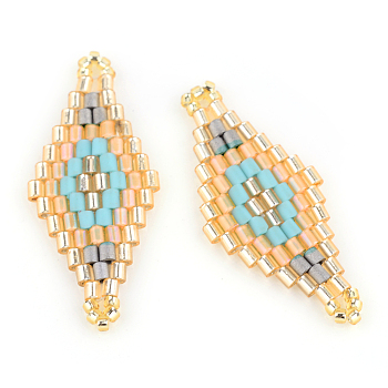 MIYUKI & TOHO Japanese Seed Beads, Handmade Links, Rhombus Loom Pattern, Turquoise, 31~32.5x13~13.5x1.5~2mm, Hole: 1mm