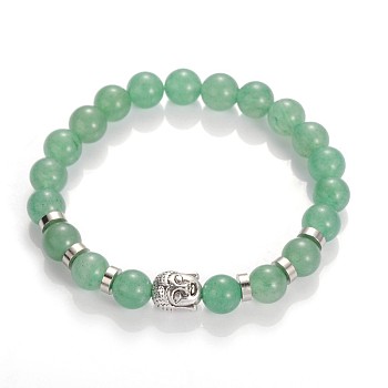 Buddha Head Gemstone Beaded Stretch Bracelets, with Tibetan Style Beads and Brass Beads, Green Aventurine, 55mm
