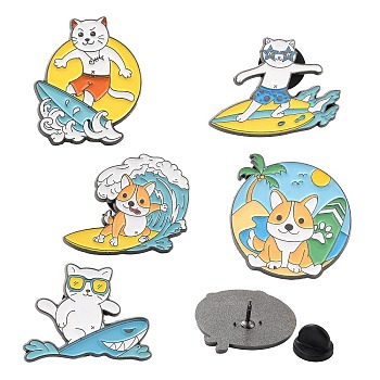 5Pcs 5 Style Animal Alloy Enamel Brooches for Backpack Clothes, Cat & Dog Surfing Enamel Pins, Mixed Color, 20.5~27.5x21~29x10mm, 1pc/style