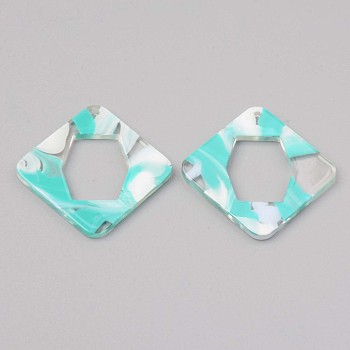 Acrylic Pendants, for DIY Bracelet Necklace Earring Jewelry Craft Making, Rhombus, Turquoise, 34x34x2mm, Hole: 1.5mm, Side Length: 26x26mm
