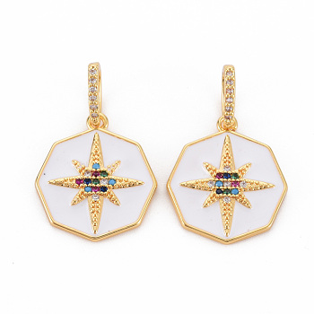 Brass Micro Pave Colorful Cubic Zirconia Pendants, with Enamel, Nickel Free, Real 18K Gold Plated, Octagon, White, 19x17x2mm, Hole: 7x3.5mm