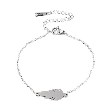 201 Stainless Steel Link Bracelets, with Lobster Claw Clasps, Feather, Stainless Steel Color, 6-3/4 inch~6-7/8 inch(17.2~17.4cm)