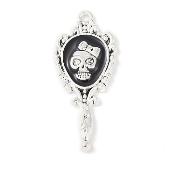 Halloween Rack Plating Alloy Enamel Pendants, Cadmium Free & Nickel Free & Lead Free, Mirror with Skull Charm, Antique Silver, 35.5x15x3mm, Hole: 1.6mm