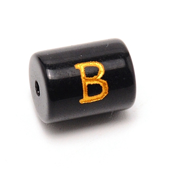 Painted Glass Beads, Black Column with Gold Letter, Letter.B, 13.7x10mm, Hole: 1.5mm