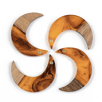 Resin & Walnut Wood Pendants, Moon, Orange, 28x22x3mm, Hole: 2mm
