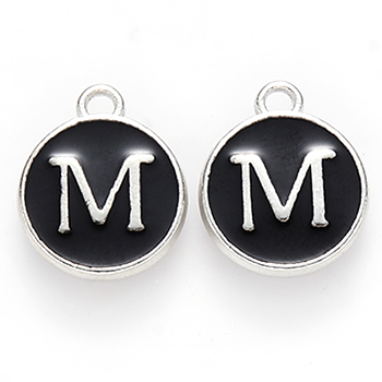 Platinum Plated Alloy Charms, Cadmium Free & Lead Free, with Enamel, Enamelled Sequins, Flat Round with Letter, Letter.M, 14x12x2mm, Hole: 1.5mm