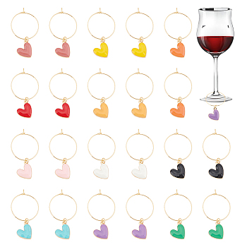 316 Surgical Stainless Steel Wine Glass Charms, with Alloy Enamel Pendants, Heart, Mixed Color, 48mm, 22pcs/set
