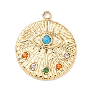 Ion Plating(IP) 304 Stainless Steel Pendants, with Rhinestones & Imitation Turquoise, Textured, Flat Round with Eye, Golden, 18x15.5x2.4mm, Hole: 1.3mm