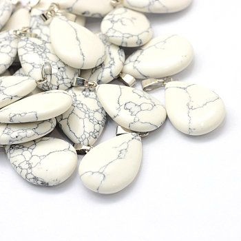 Teardrop Natural Howlite Pendants, with Platinum Tone Brass Findings, 25~29x16~17x5~6mm, Hole: 2x7mm