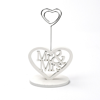 Iron Name Card Holder, Wooden Chassis with Iron Swirl Wire Clip, for Desktop, Party Decoration, Heart with Word Mr & Mrs, White, 84x43x150mm