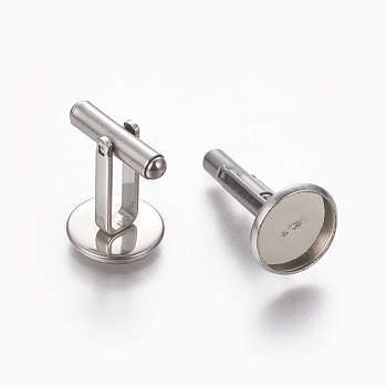 304 Stainless Steel Cufflinks Settings, Flat Round, Stainless Steel Color, Tray: 12mm, 26.5x14mm