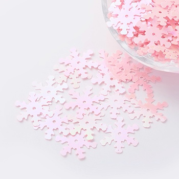 Ornament Accessories Plastic Paillette/Sequins Beads, Snowflake, Pink, 19x17x0.1mm, Hole: 1.4mm