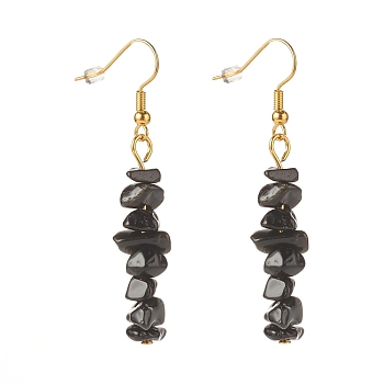 Natural Obsidian Chip Beaded Dangle Earrings, Gemstone Drop Earrings for Women, Brass Jewelry, Golden, 50~54x7~11.5x5~8mm, Pin: 0.7mm