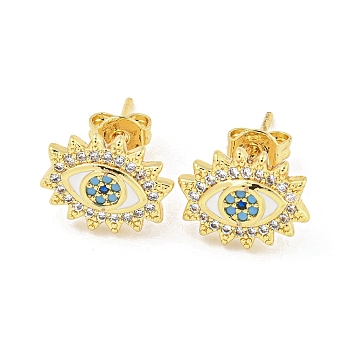 Evil Eye Real 18K Gold Plated Brass Stud Earrings, with Enamel and Clear Cubic Zirconia, Eye, 10.5x12mm