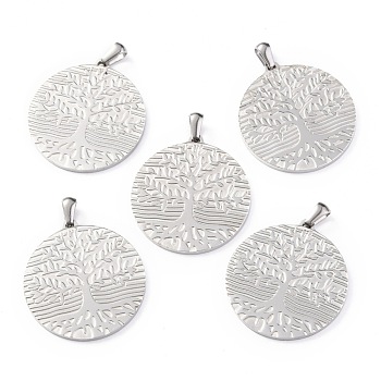 Flat Round with Tree of Life 304 Stainless Steel Pendants, Stainless Steel Color, 32x30x1.5mm, Hole: 4.5x6mm