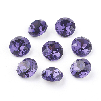 Pointed Back & Back Plated K9 Glass Rhinestone Cabochons, Grade A, Faceted, Flat Round, Purple Velvet, 10x5mm
