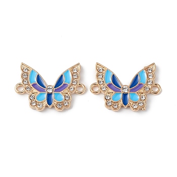 Alloy Enamel Connector Charms, Butterfly Links with Crystal Rhinestone, Light Gold, Cadmium Free & Nickel Free & Lead Free, Blue, 16x22x2mm, Hole: 1.6mm